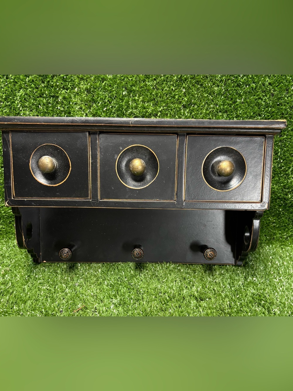 Primitive Black Shelf with 3 drawers and 3 pegs. Decorative Home Wall Decor